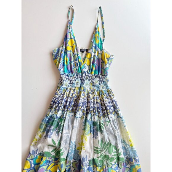 Vintage 00's MAGIC Blue Green Yellow Floral Cotton Voile Maxi Dress, Size M - Picture 5 of 13